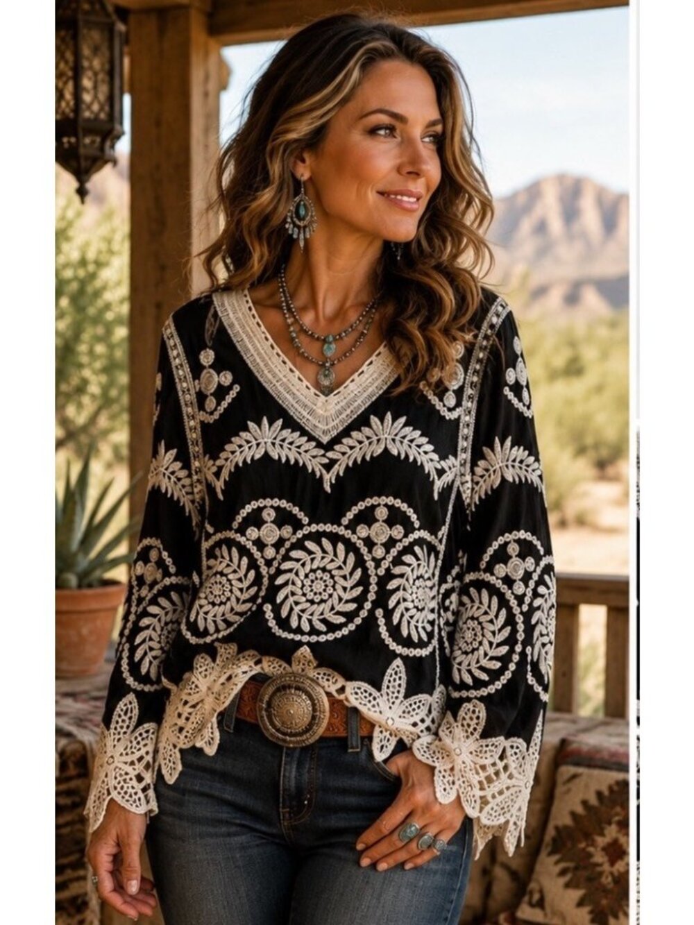 Lapis Black White Crochet Lace Top Blouse Size Medium Boho Southwest Western